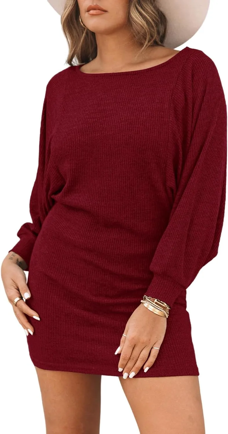 Basicspace Women's Long Sleeve Mini Ribbed Knit Casual Bodycon Sexy Dress Drawstring Fall Pullover Sweater Dresses