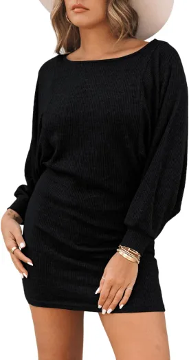 Basicspace Women's Long Sleeve Mini Ribbed Knit Casual Bodycon Sexy Dress Drawstring Fall Pullover Sweater Dresses