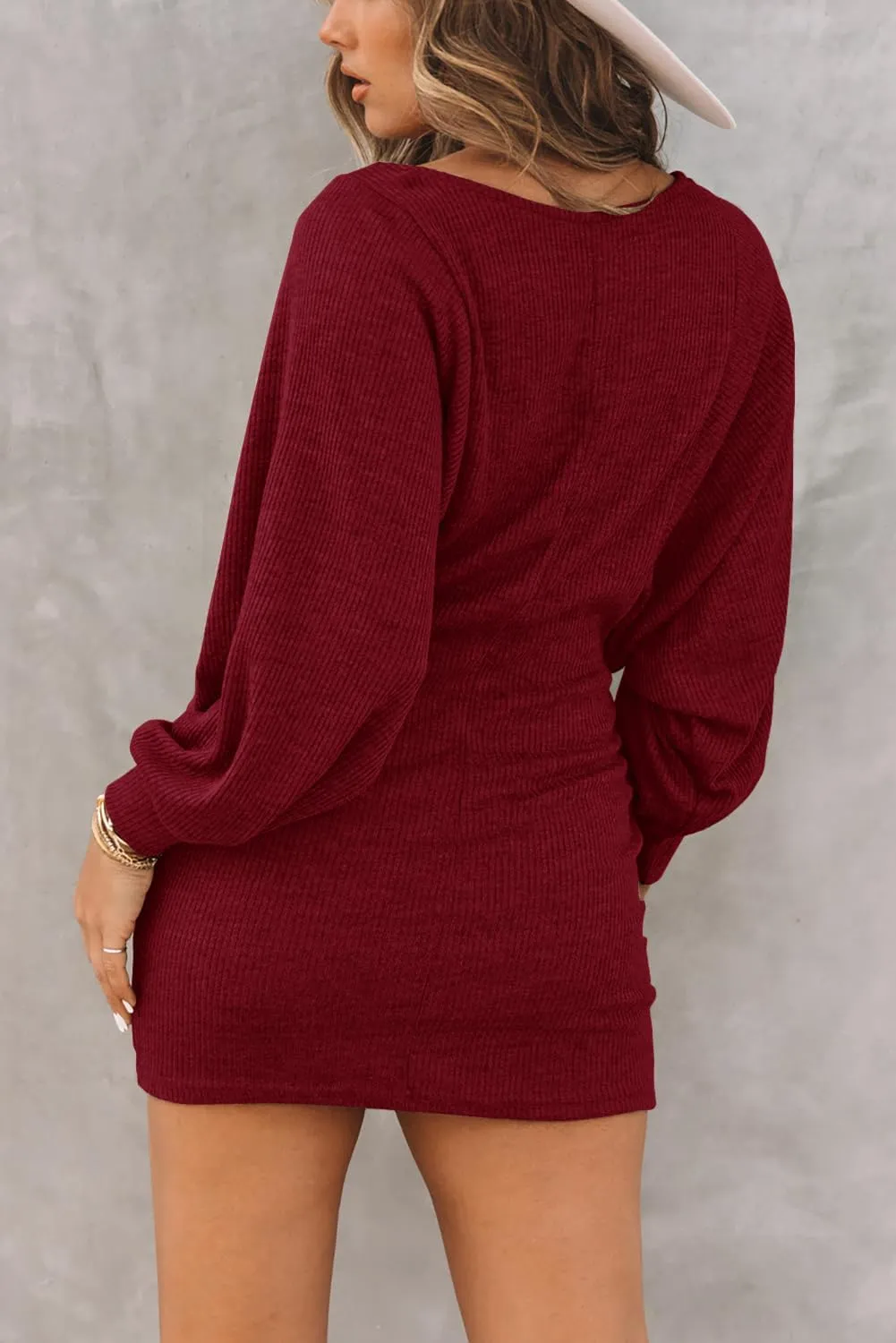 Basicspace Women's Long Sleeve Mini Ribbed Knit Casual Bodycon Sexy Dress Drawstring Fall Pullover Sweater Dresses