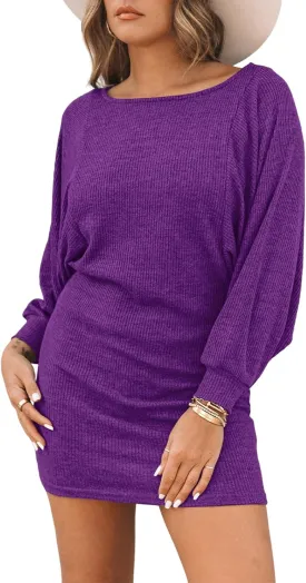 Basicspace Women's Long Sleeve Mini Ribbed Knit Casual Bodycon Sexy Dress Drawstring Fall Pullover Sweater Dresses