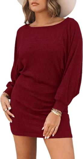 Basicspace Women's Long Sleeve Mini Ribbed Knit Casual Bodycon Sexy Dress Drawstring Fall Pullover Sweater Dresses