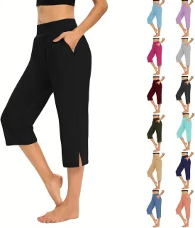 Capri for Senior,Womens Capri Sweatpants,Plus Size Yoga Pocket Workout Sweatpant Athletic Trousers with Pockets,