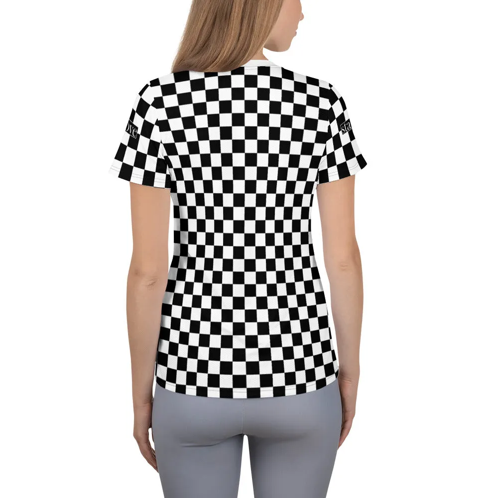Checkered Black White Women Workout Shirt, Checker Gingham Check Retro Racing Gym Sports Fitness Exercise Moisture Wicking Athletic Tshirt