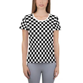 Checkered Black White Women Workout Shirt, Checker Gingham Check Retro Racing Gym Sports Fitness Exercise Moisture Wicking Athletic Tshirt