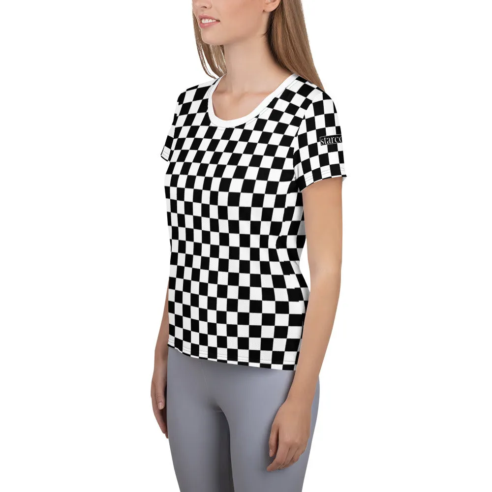 Checkered Black White Women Workout Shirt, Checker Gingham Check Retro Racing Gym Sports Fitness Exercise Moisture Wicking Athletic Tshirt