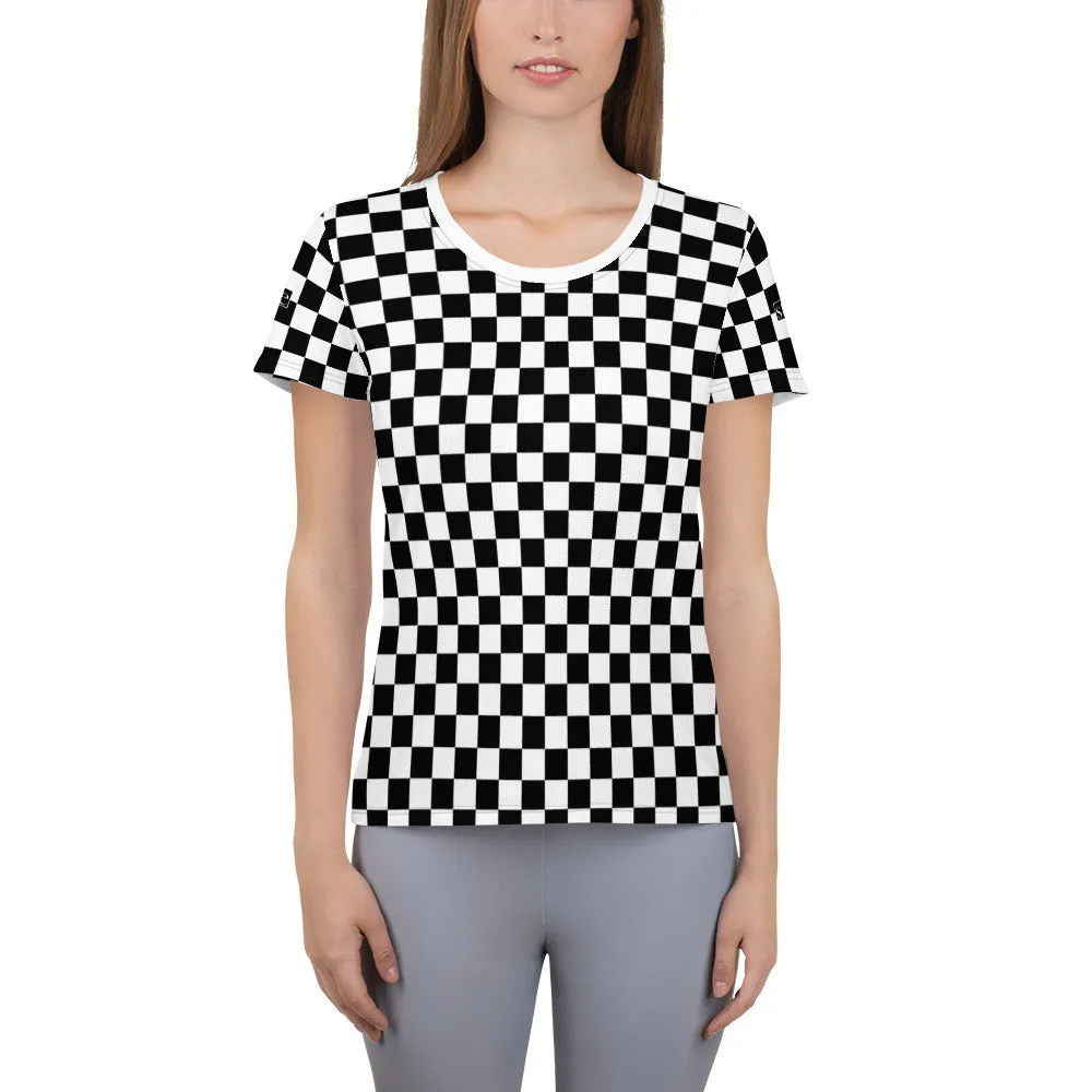 Checkered Black White Women Workout Shirt, Checker Gingham Check Retro Racing Gym Sports Fitness Exercise Moisture Wicking Athletic Tshirt