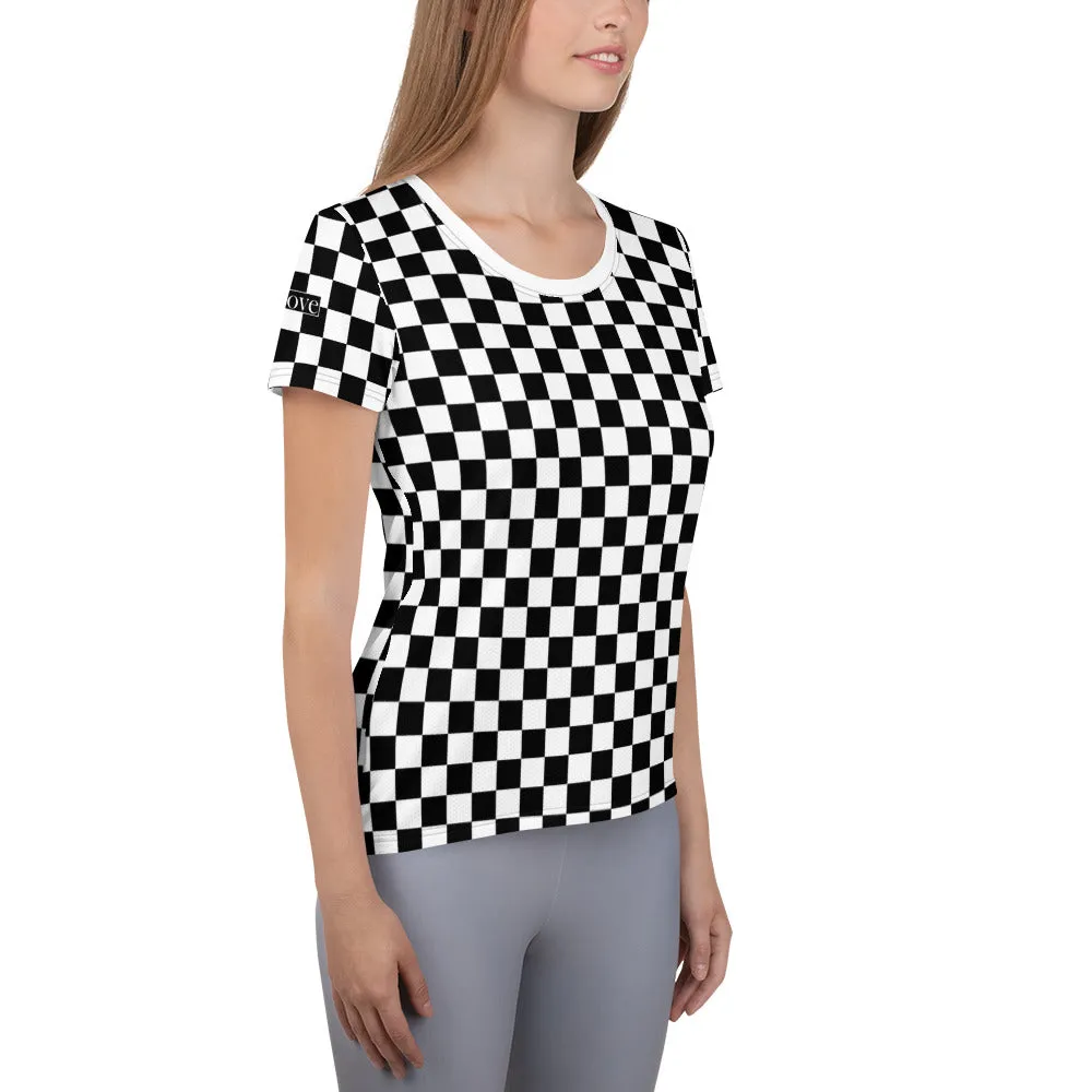 Checkered Black White Women Workout Shirt, Checker Gingham Check Retro Racing Gym Sports Fitness Exercise Moisture Wicking Athletic Tshirt