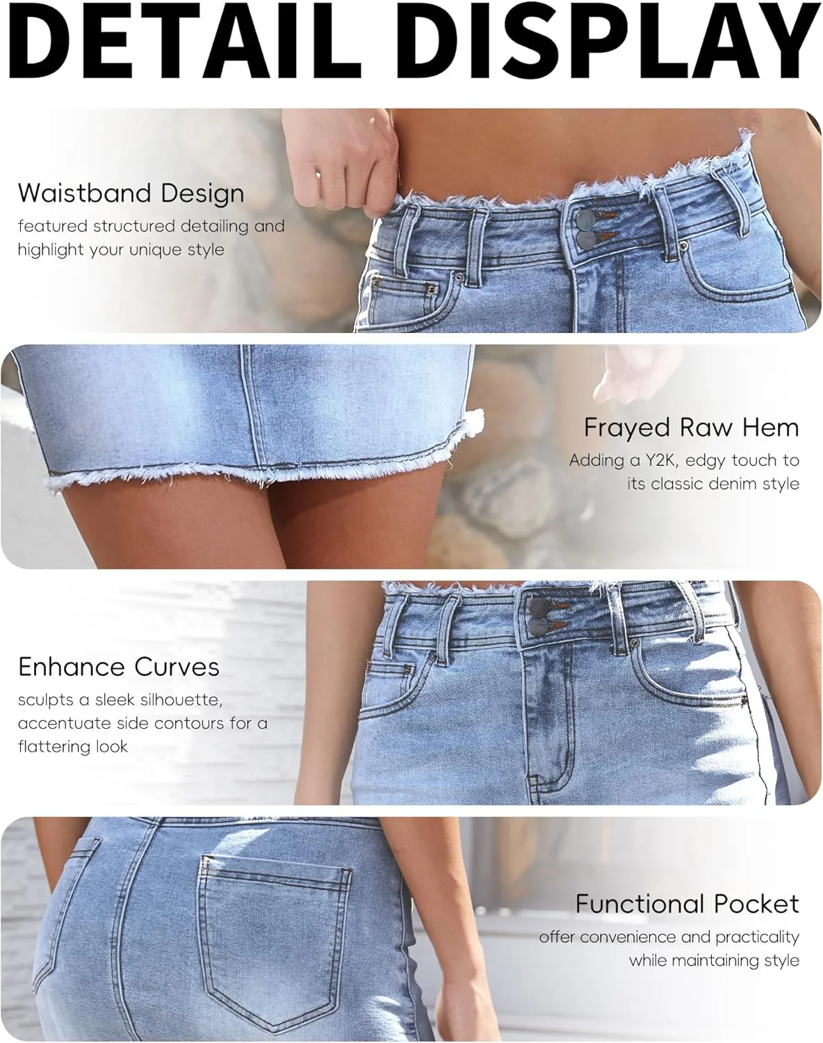 ELLEVEN Raw Hem Jean Skirt Stretchy & Soft - Denim Mini Skirt with Pockets Casual Outfit
