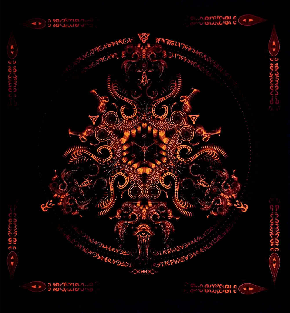Fluro Neon Lycra Tapestry of "Triton's Compass" - UV Active - Orange