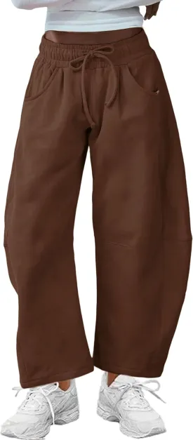 Hongsui Women's Barrel Leg Pants Elasticated Waistband Soft Wide Leg Pants with Pockets Casual Sweatpants