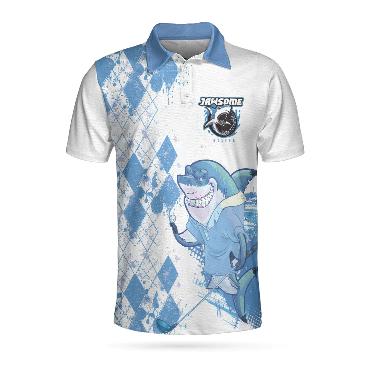 Jawsome Golfer Shark Short Sleeve Golf Polo Shirt, Argyle Pattern Polo Shirt, Best Golf Shirt For Men Coolspod