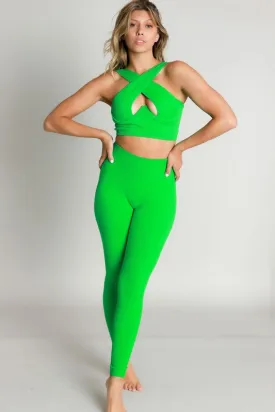 Kelly Green Criss Cross Front Sexy Bra Top And Leggings Set
