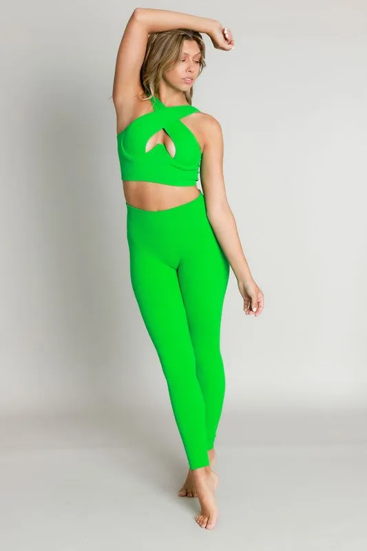 Kelly Green Criss Cross Front Sexy Bra Top And Leggings Set