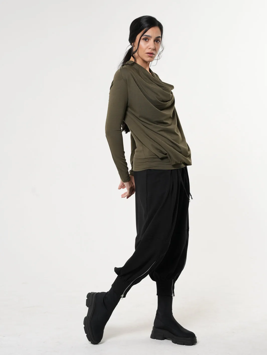 Long Sleeved Draped Top In Khaki