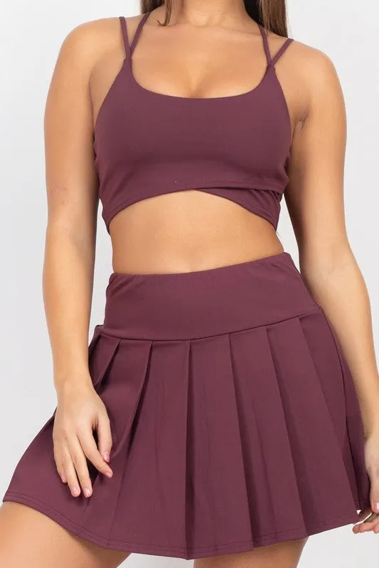 Medium Bordeox Overlapping Crop Top & Pleated Tennis Skirts Set