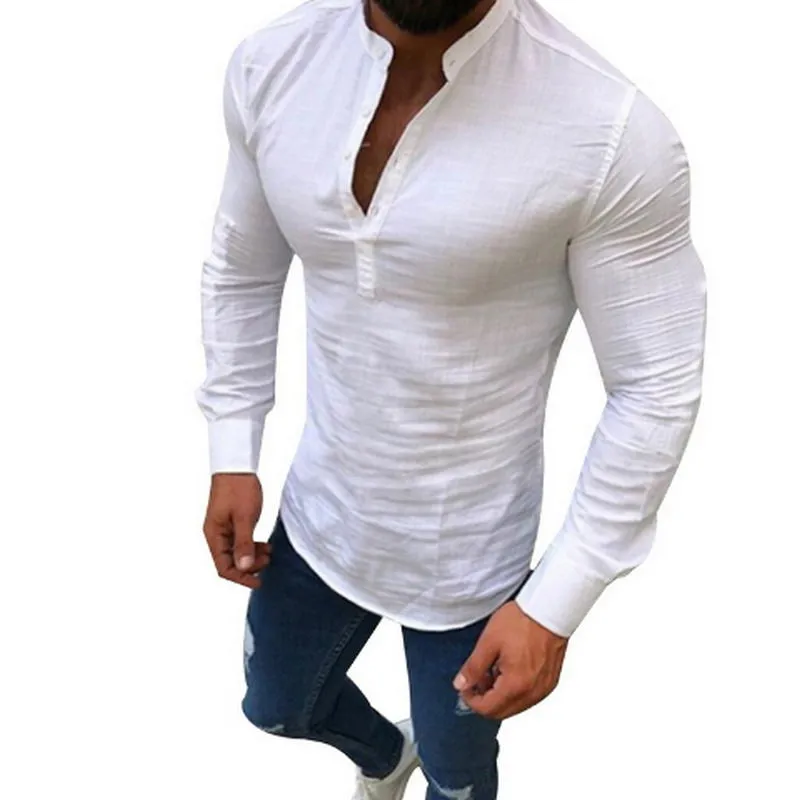Mens Long Sleeve Casual Slim Fit Breathable Linen Shirt