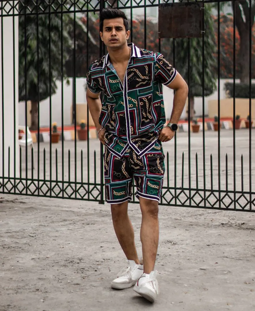 Men's Olive Green Gold Chain Print Shirt and Shorts Set