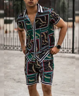 Men's Olive Green Gold Chain Print Shirt and Shorts Set