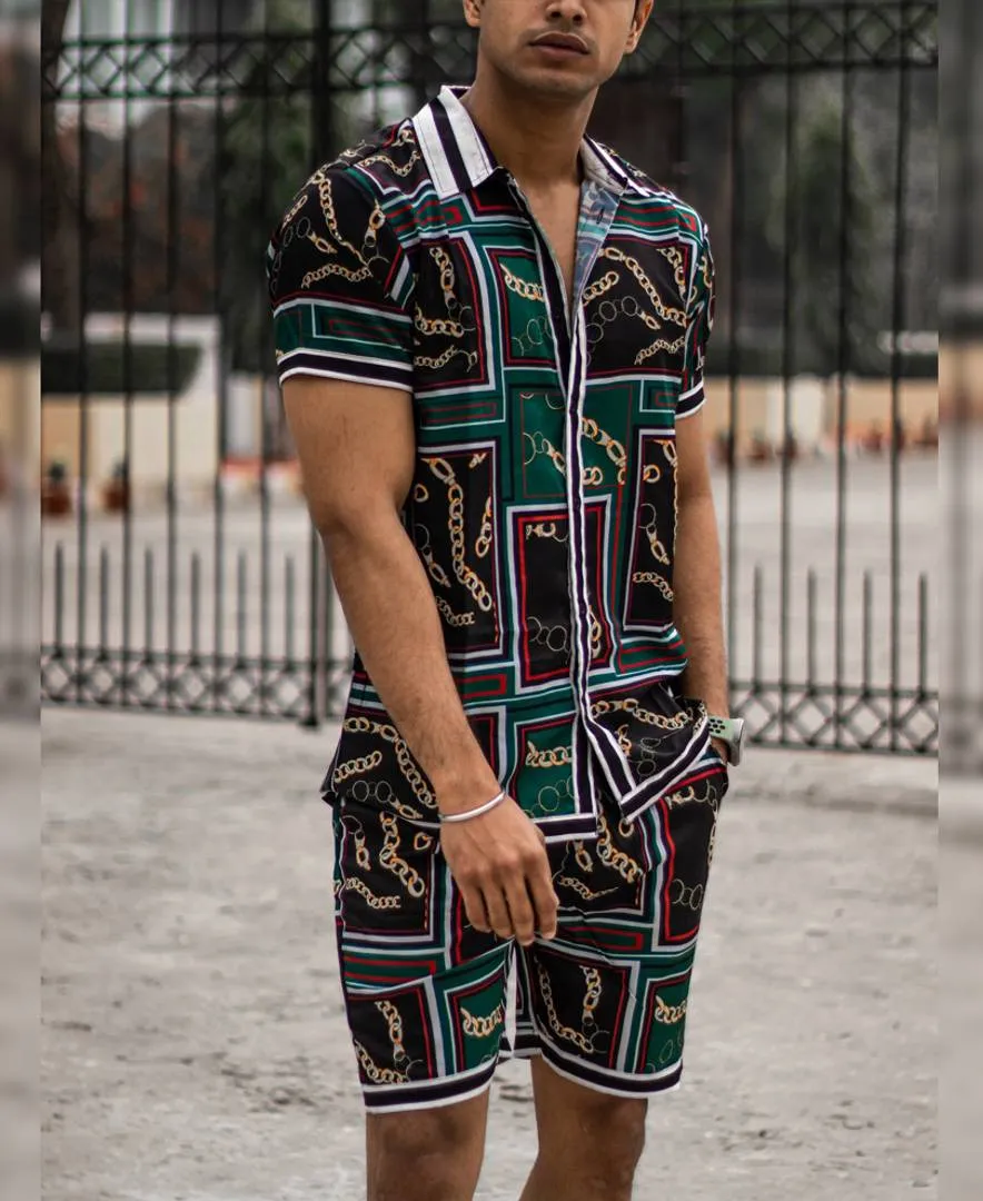 Men's Olive Green Gold Chain Print Shirt and Shorts Set