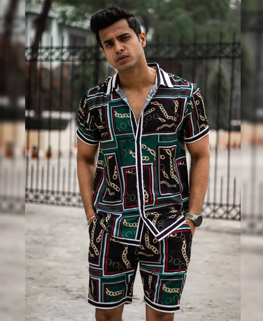 Men's Olive Green Gold Chain Print Shirt and Shorts Set