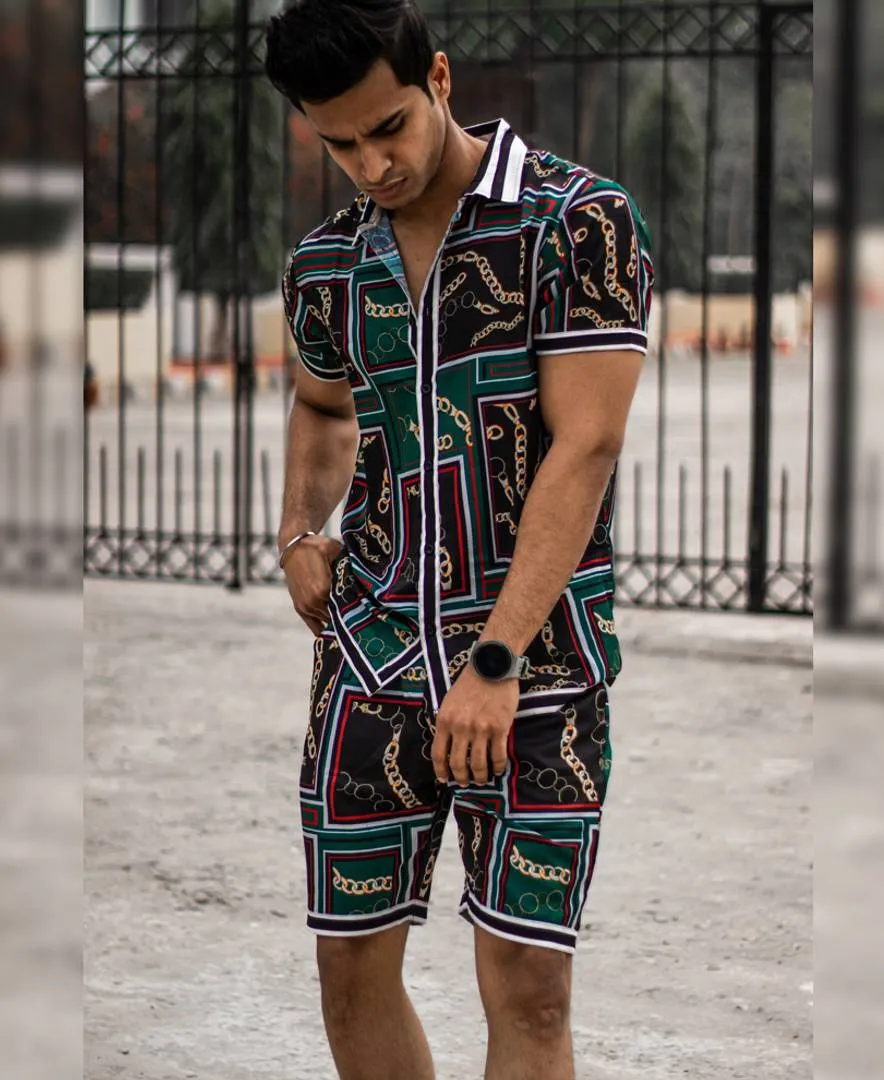 Men's Olive Green Gold Chain Print Shirt and Shorts Set