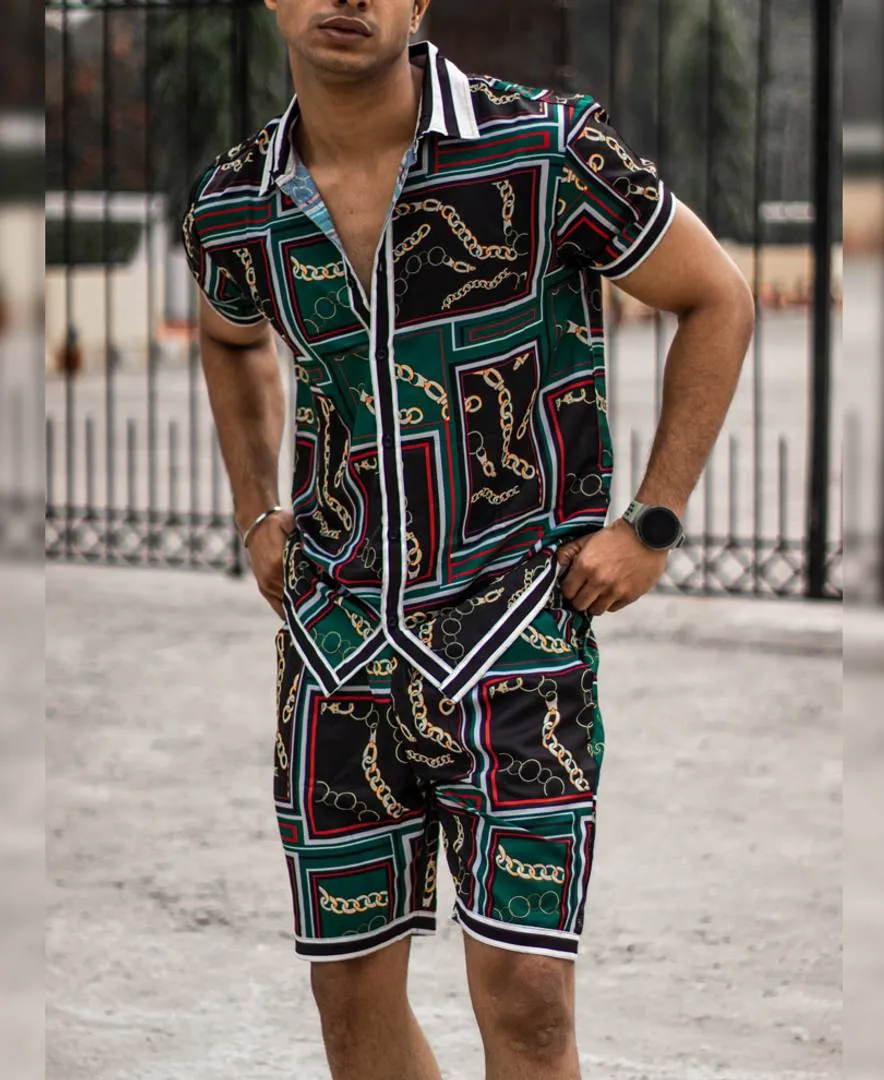 Men's Olive Green Gold Chain Print Shirt and Shorts Set