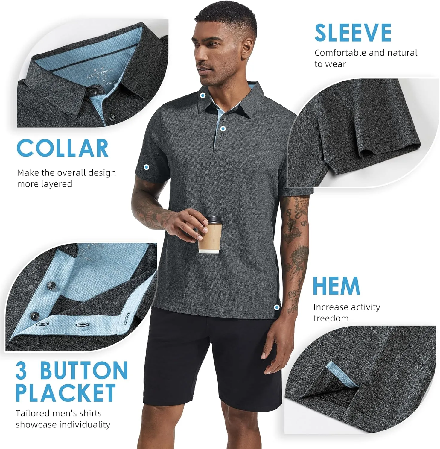 Men's Polo Shirts Short Sleeve Cotton Blend Moisture Wicking Dry Fit Performance Collared Golf Shirts for Men