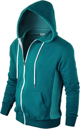Mens Slim Fit Long Sleeve Lightweight Zip-up Hoodie Mixed Waffle Knit with Kangaroo Pocket
