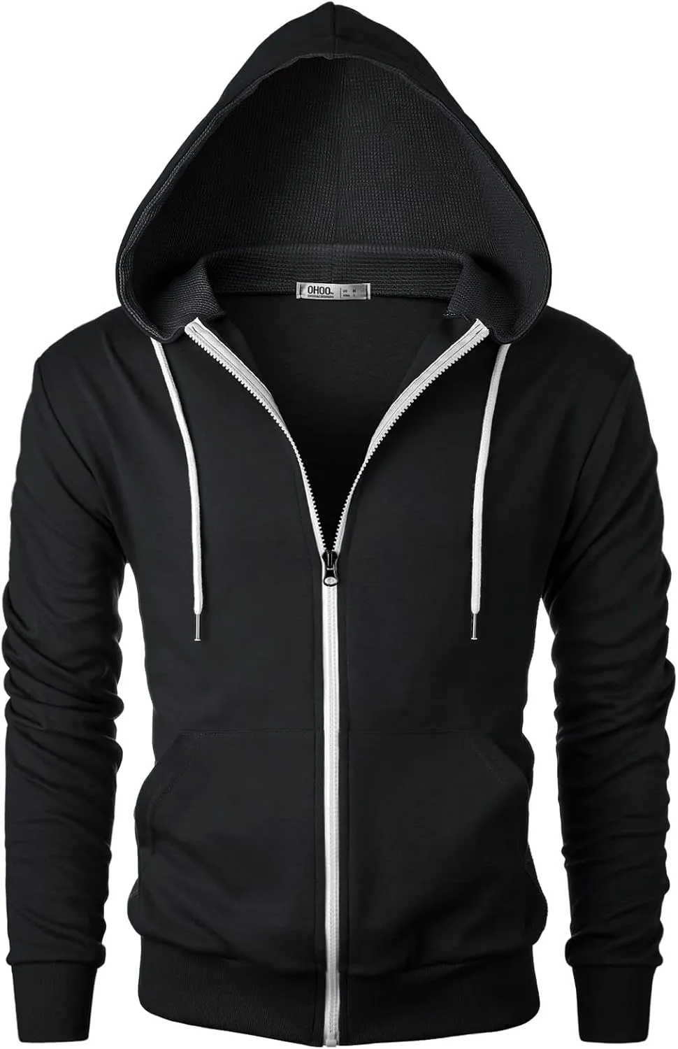Mens Slim Fit Long Sleeve Lightweight Zip-up Hoodie Mixed Waffle Knit with Kangaroo Pocket