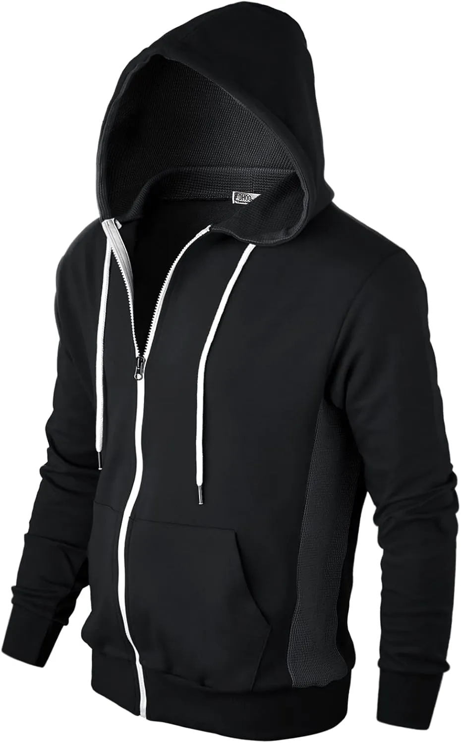 Mens Slim Fit Long Sleeve Lightweight Zip-up Hoodie Mixed Waffle Knit with Kangaroo Pocket