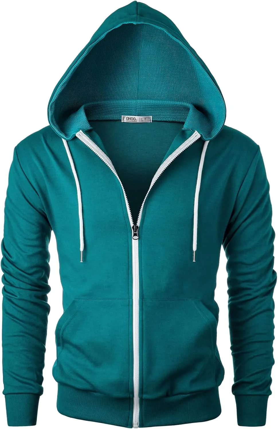 Mens Slim Fit Long Sleeve Lightweight Zip-up Hoodie Mixed Waffle Knit with Kangaroo Pocket