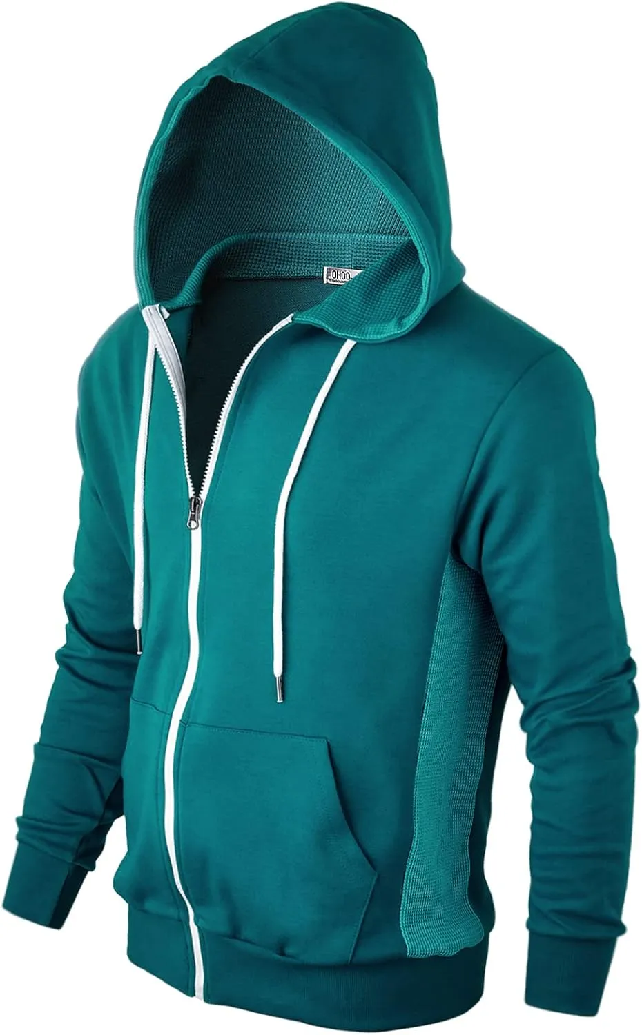Mens Slim Fit Long Sleeve Lightweight Zip-up Hoodie Mixed Waffle Knit with Kangaroo Pocket