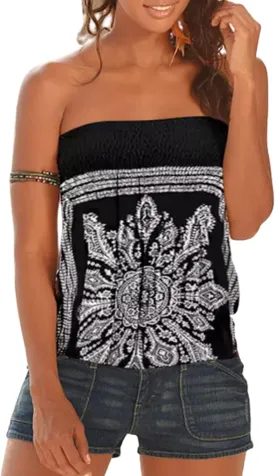 MHTOR American Flag Smocked Strapless Bandeau Tank Women 4th of July Sleeveless Casual Pleated Flowy Crop Tunic Blouses