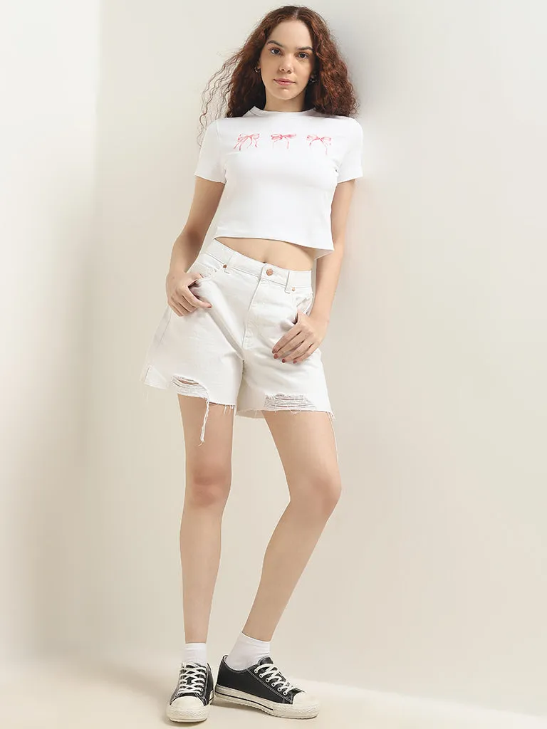Nuon White Bow Printed T-Shirt
