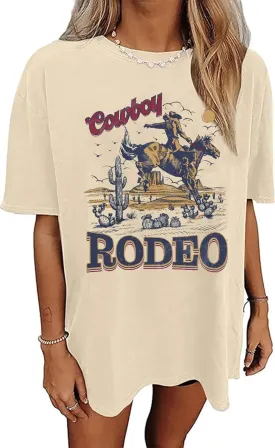 Oversized Wild West Cowboys T-Shirt for Women Western Rodeo Graphic Tee Short Sleeve Loose Vintage Country Music Tee Top