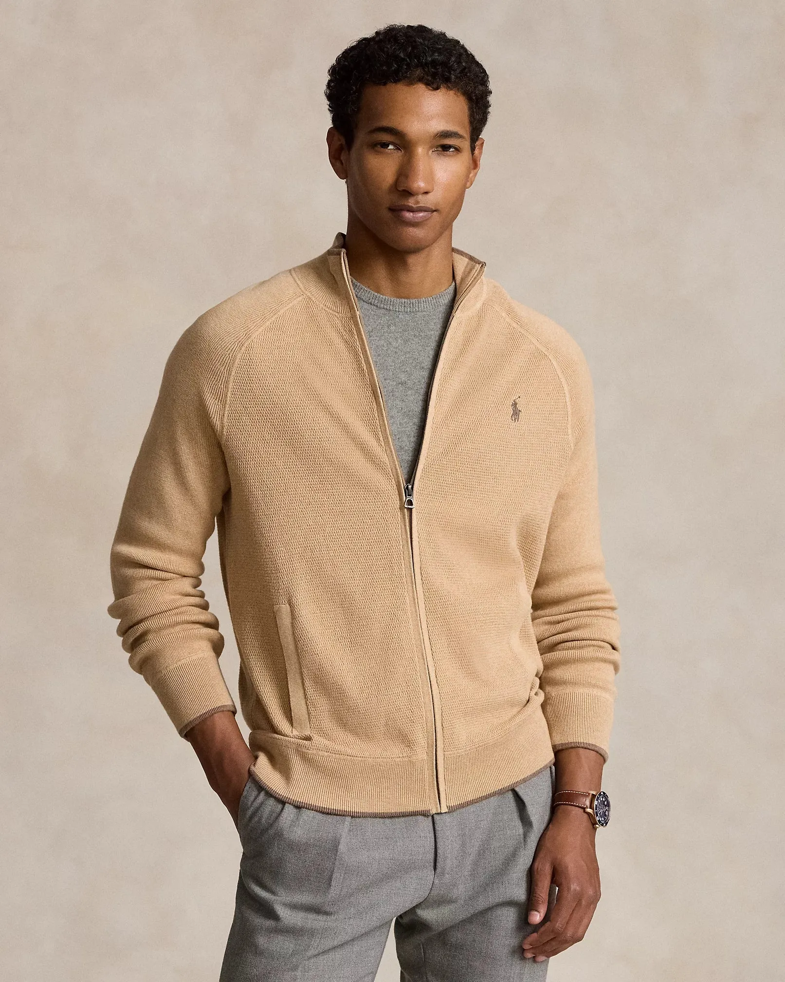 Ralph Lauren Textured Cotton Full-Zip Jumper | Camel Melange