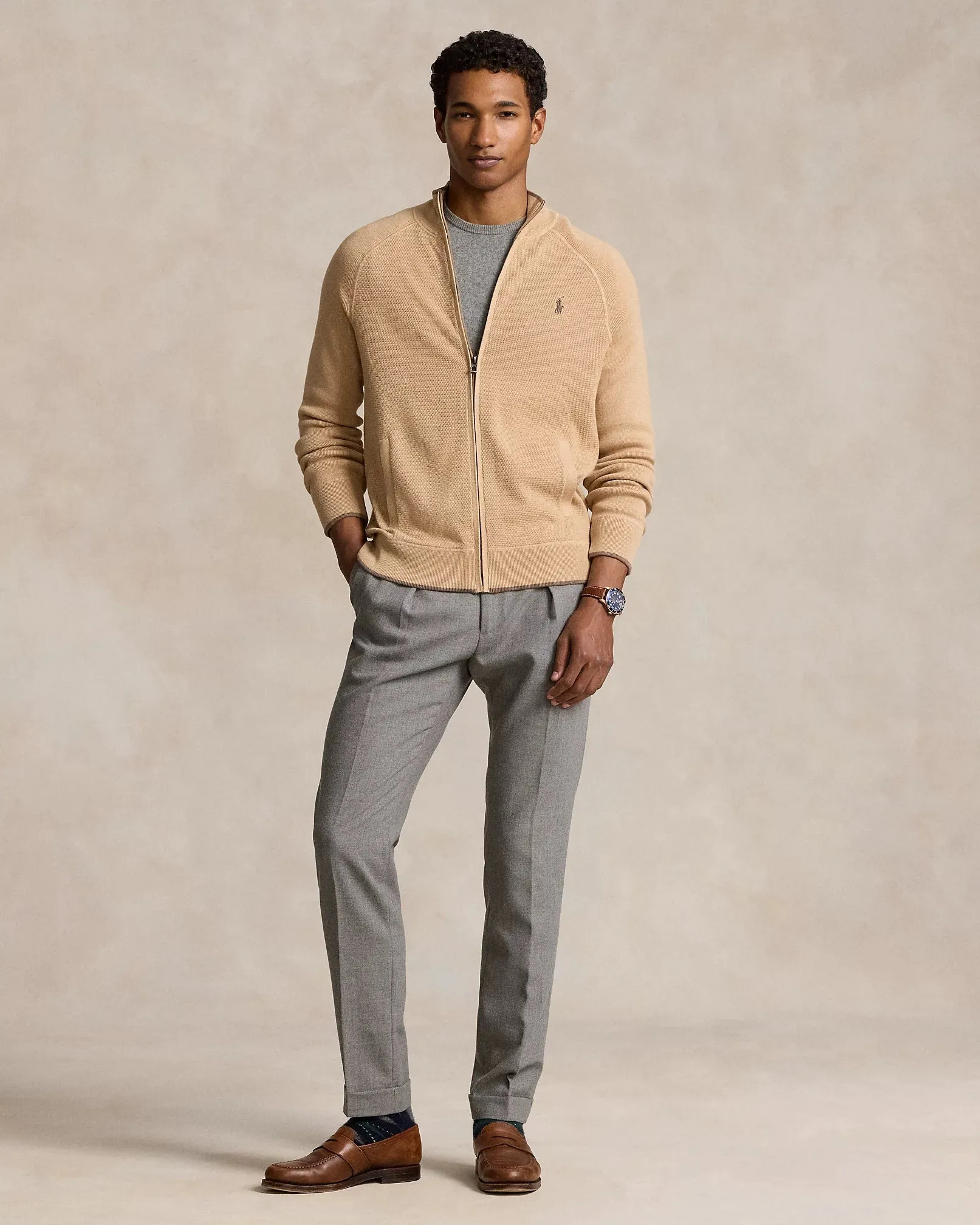 Ralph Lauren Textured Cotton Full-Zip Jumper | Camel Melange