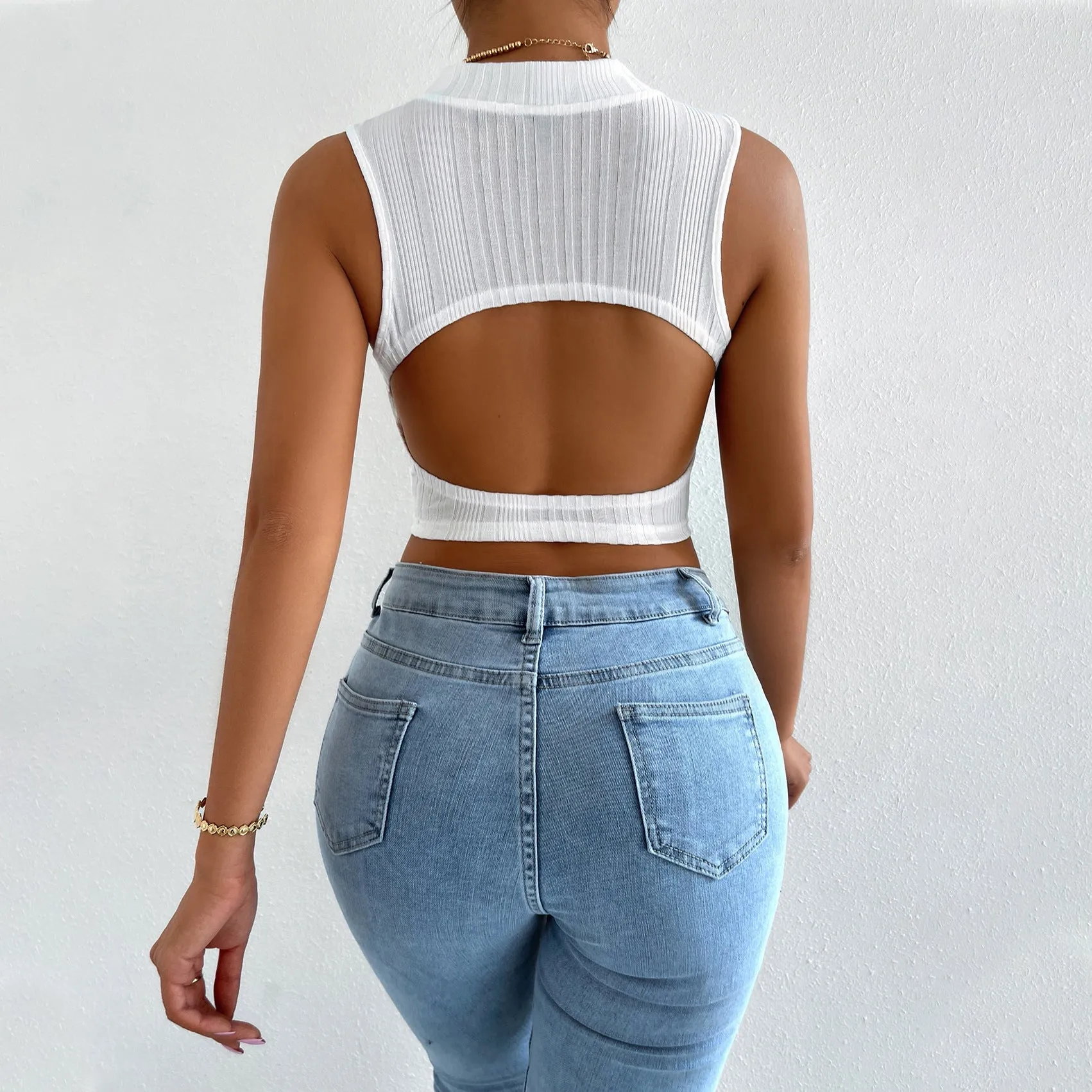 Round Neck Sleeveless Navel-revealing Short Crop Top Summer Bare Back Top