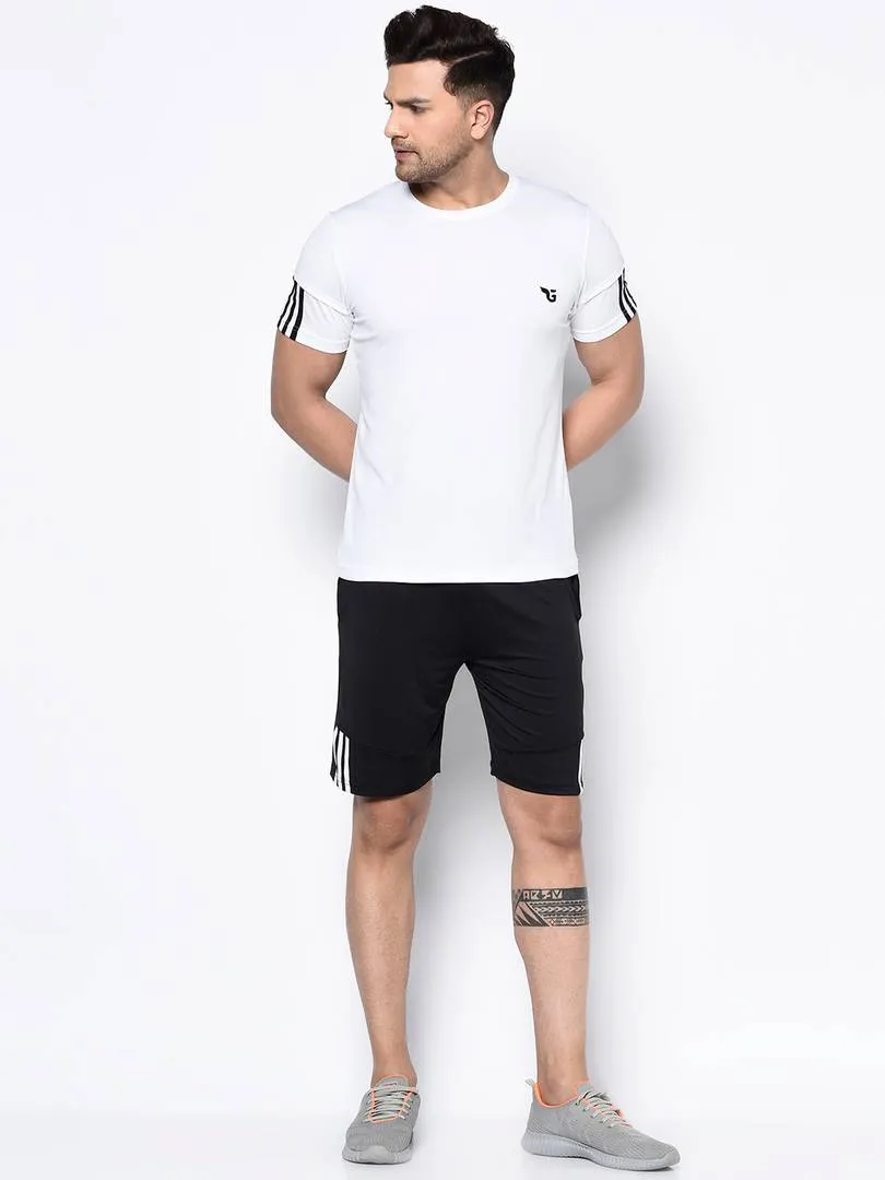 Stylish Multicoloured Striped Polyester Spandex Sports T-shirt & Shorts Set