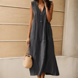 Women Summer Cotton Linen Sleeveless Long Dress Casual Button V Neck Beach Flowy Swing Loose Shift Sun Maxi Dresses
