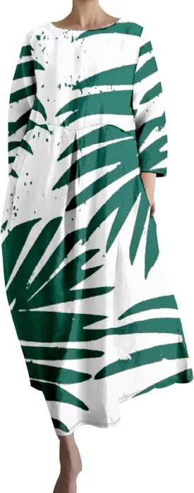 Women's 3/4 Sleeve Cotton Linen Blend Floral Print Maxi Dress Ladies Summer Oversized Flowy Long Dresses with Pockets