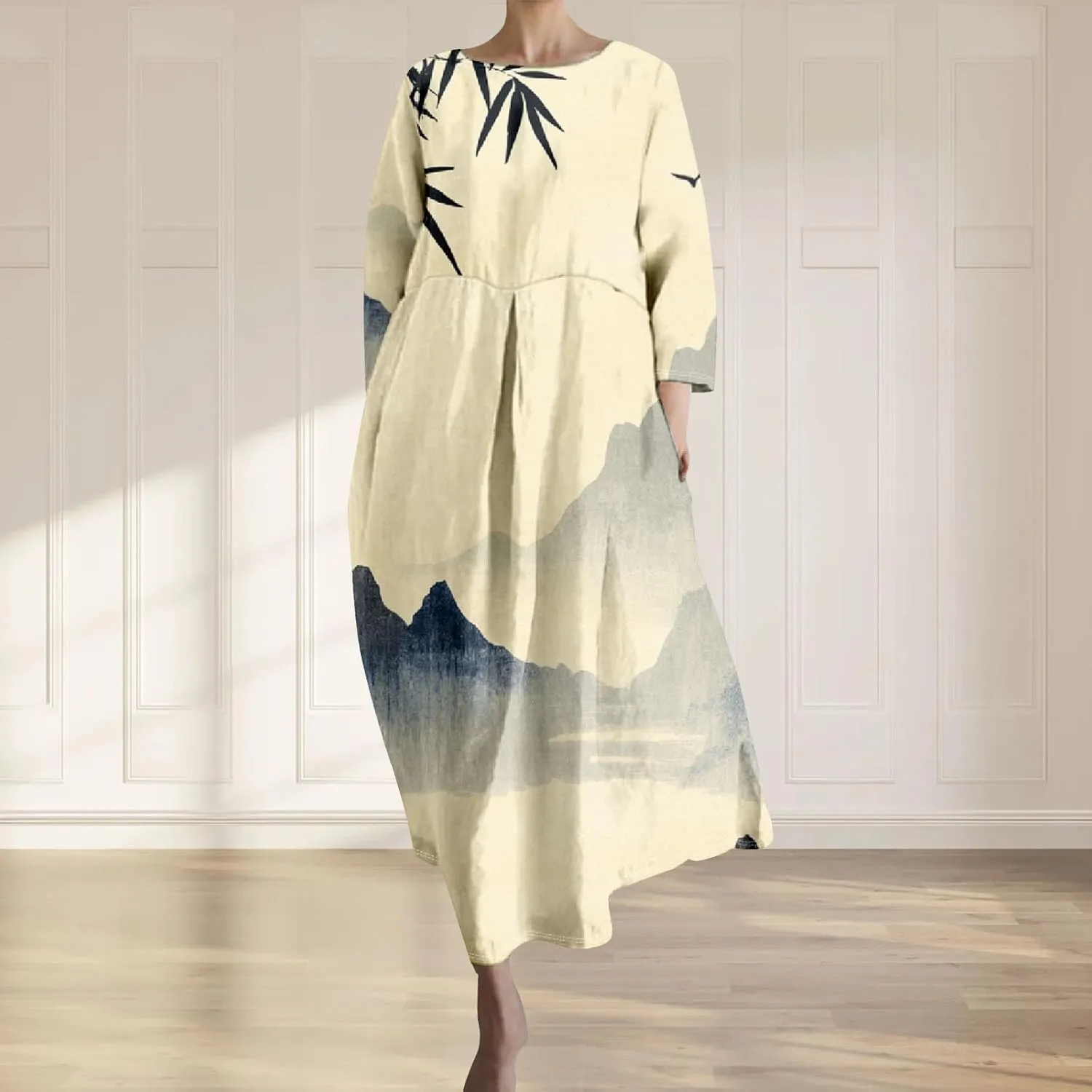 Women's 3/4 Sleeve Cotton Linen Blend Floral Print Maxi Dress Ladies Summer Oversized Flowy Long Dresses with Pockets