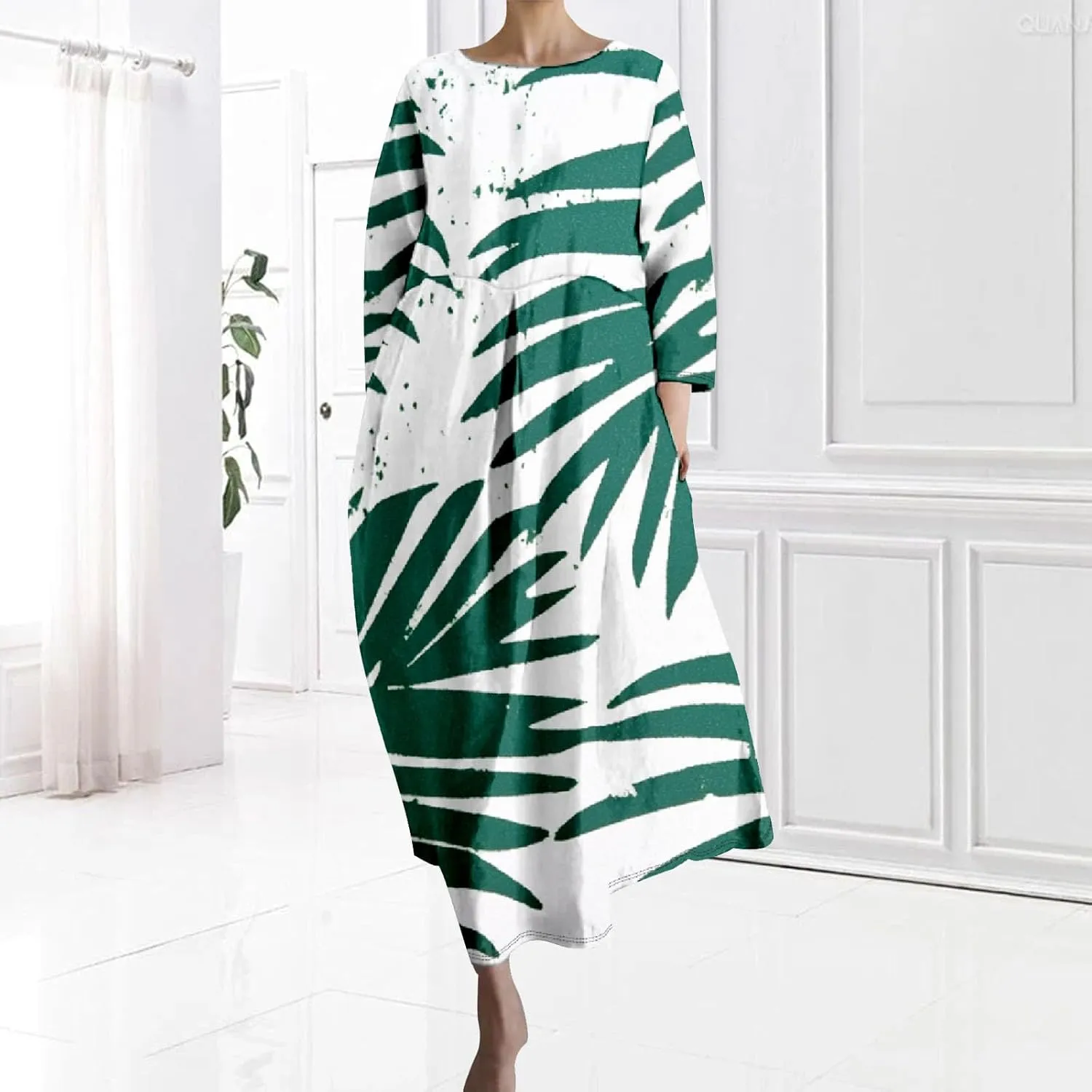 Women's 3/4 Sleeve Cotton Linen Blend Floral Print Maxi Dress Ladies Summer Oversized Flowy Long Dresses with Pockets