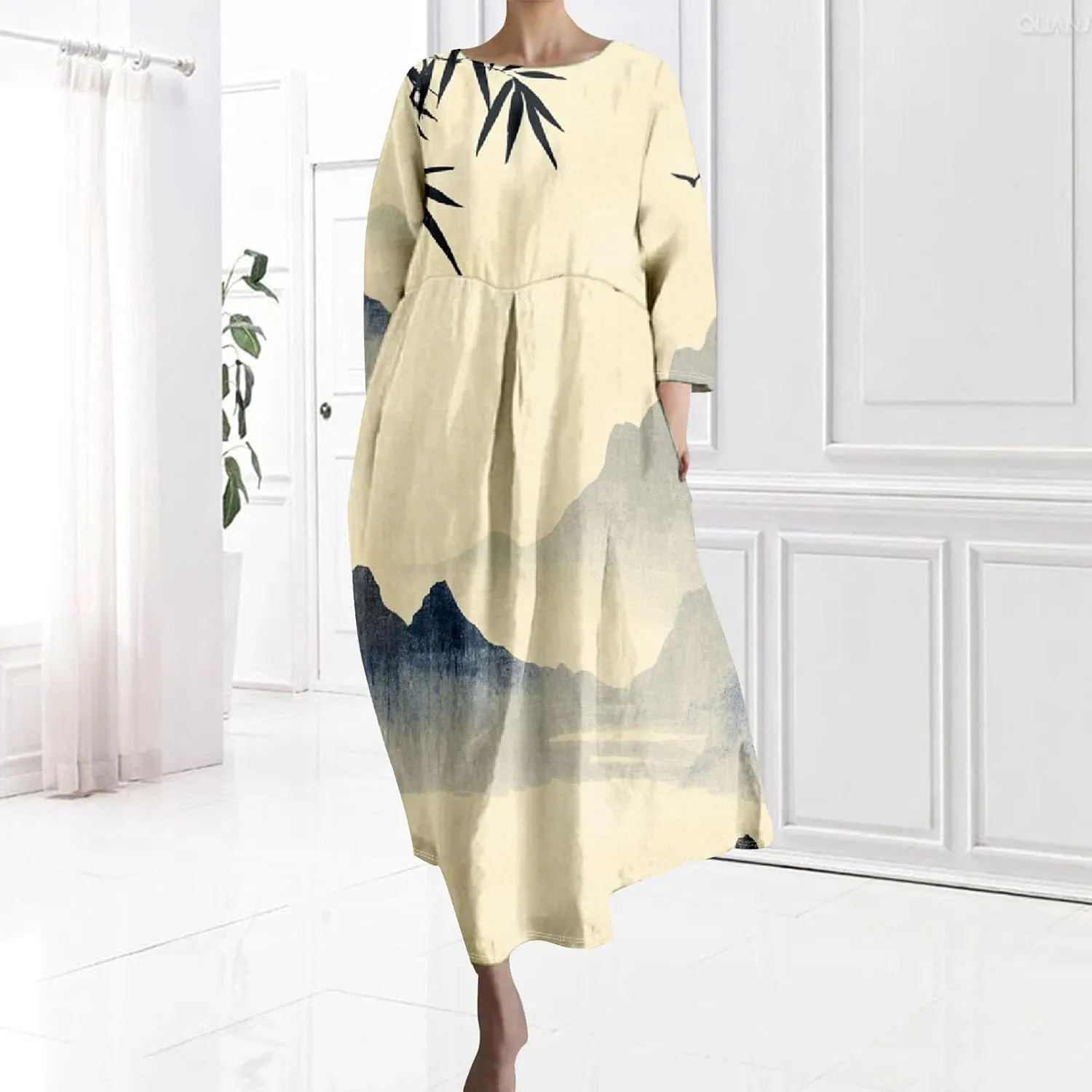 Women's 3/4 Sleeve Cotton Linen Blend Floral Print Maxi Dress Ladies Summer Oversized Flowy Long Dresses with Pockets