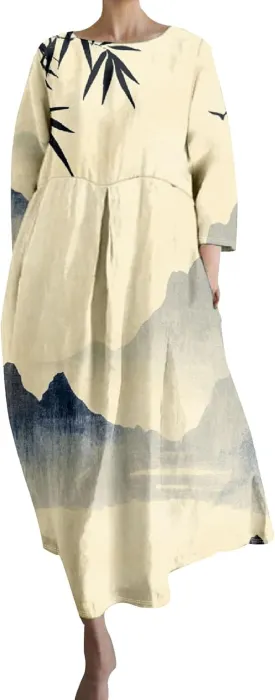 Women's 3/4 Sleeve Cotton Linen Blend Floral Print Maxi Dress Ladies Summer Oversized Flowy Long Dresses with Pockets
