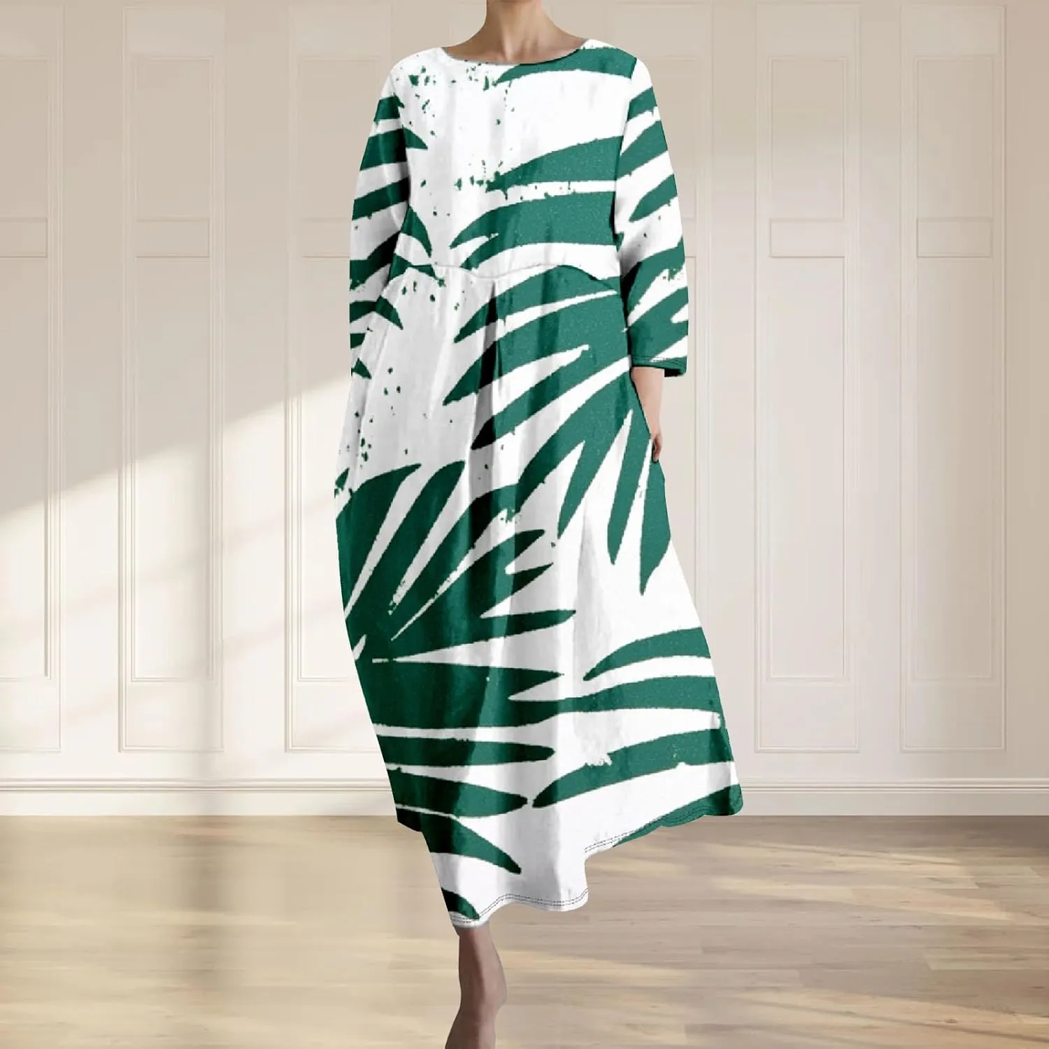 Women's 3/4 Sleeve Cotton Linen Blend Floral Print Maxi Dress Ladies Summer Oversized Flowy Long Dresses with Pockets