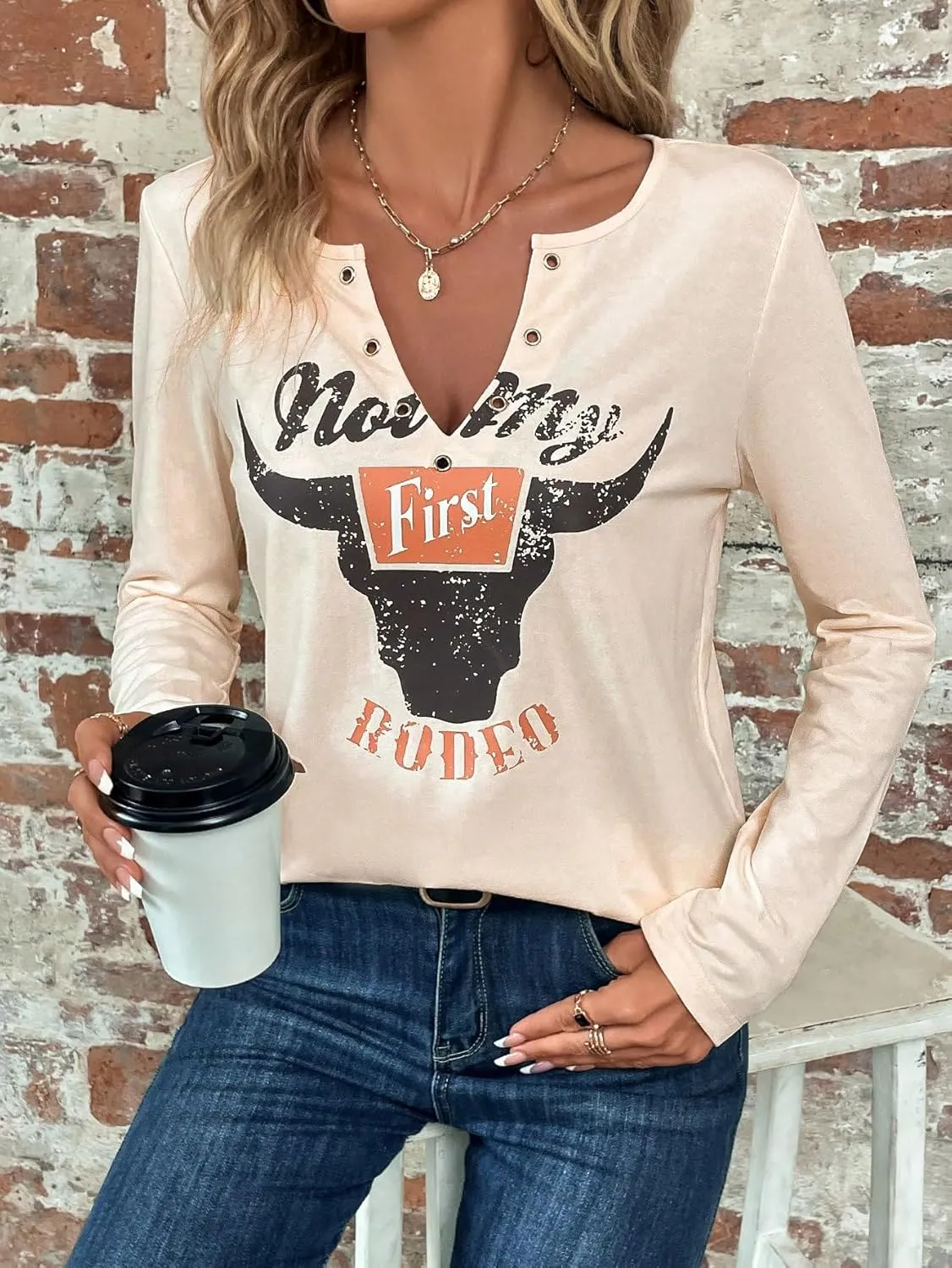 Women's Cowboy Shirt Country Concert Outfit Cute Western Graphic Tee Casual Notched Neck Long Sleeve Top