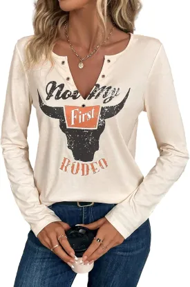 Women's Cowboy Shirt Country Concert Outfit Cute Western Graphic Tee Casual Notched Neck Long Sleeve Top